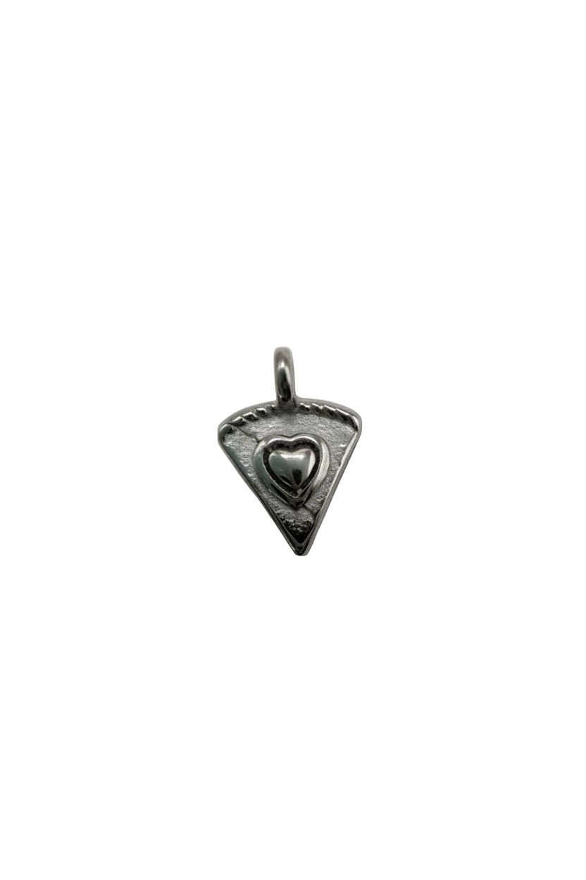 Oxidized silver pizza slice with raised heart detail