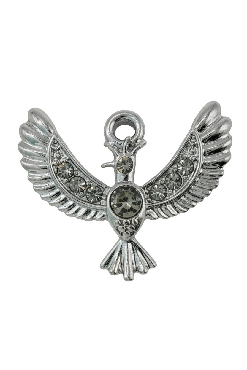 Silver-tone flying bird charm with outstretched wings and clear crystal accents