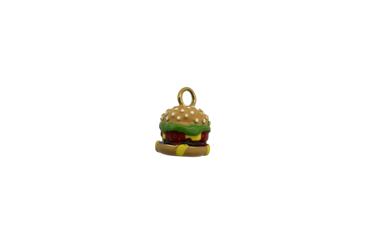 Gold cheeseburger charm with glossy red, green, and yellow enamel