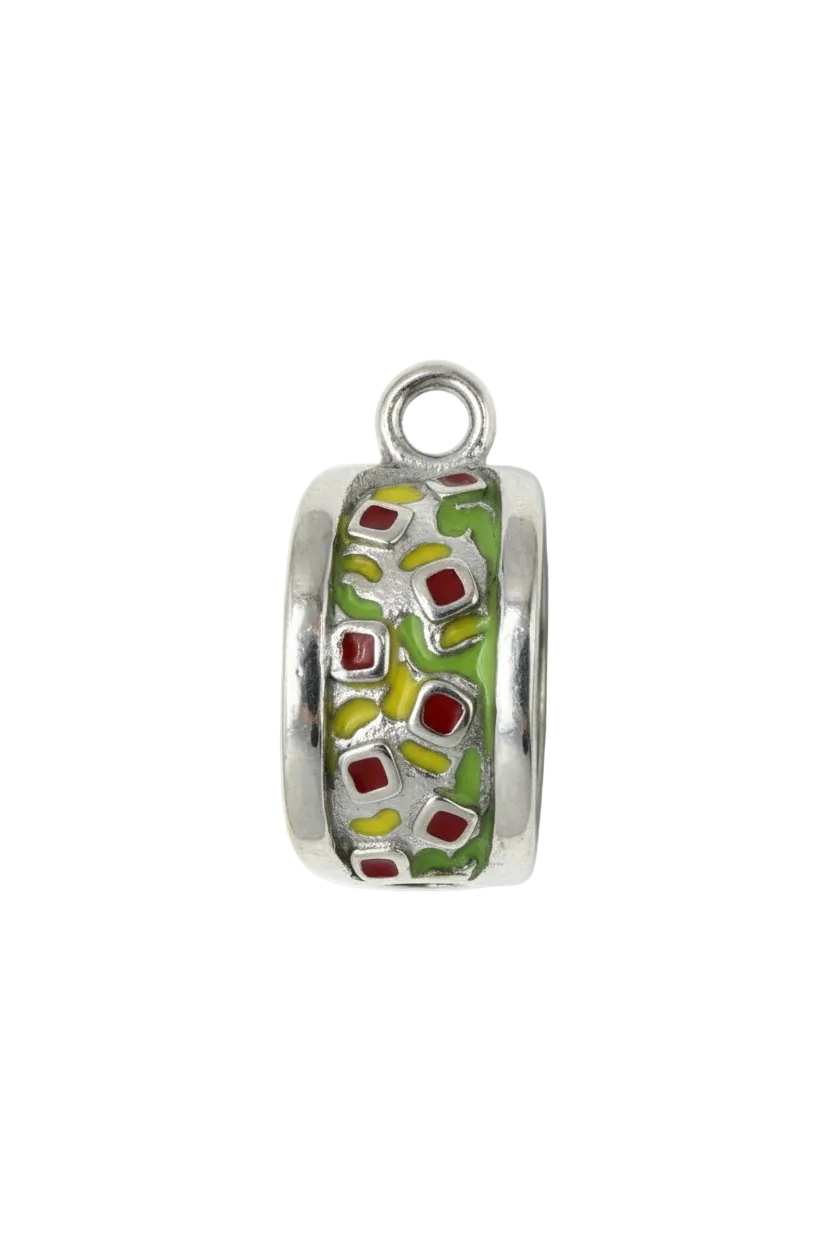 Colorful sushi roll charm in silver finish with red, green, and yellow enamel accents