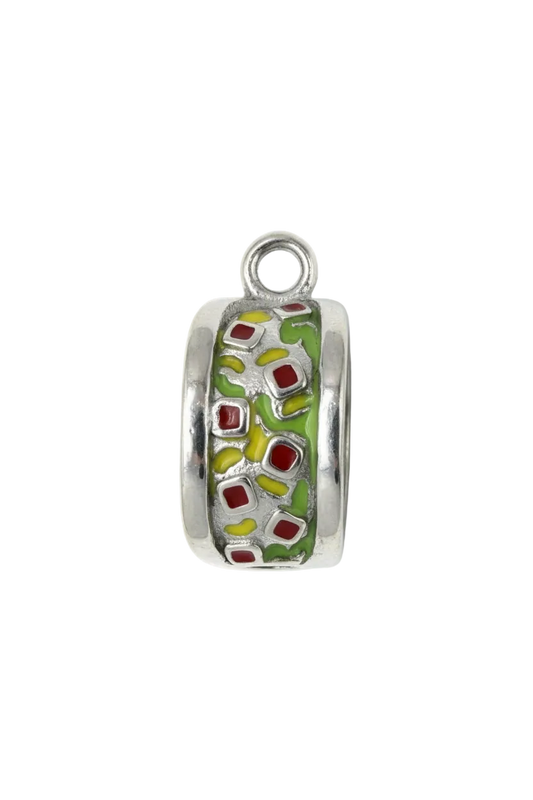 Colorful sushi roll charm in silver finish with red, green, and yellow enamel accents