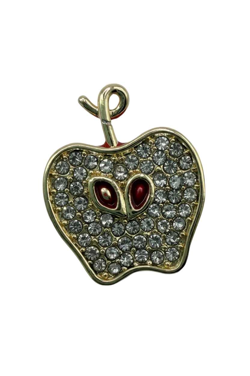 Gold steak-slice charm with pavé clear crystals and deep red enamel center