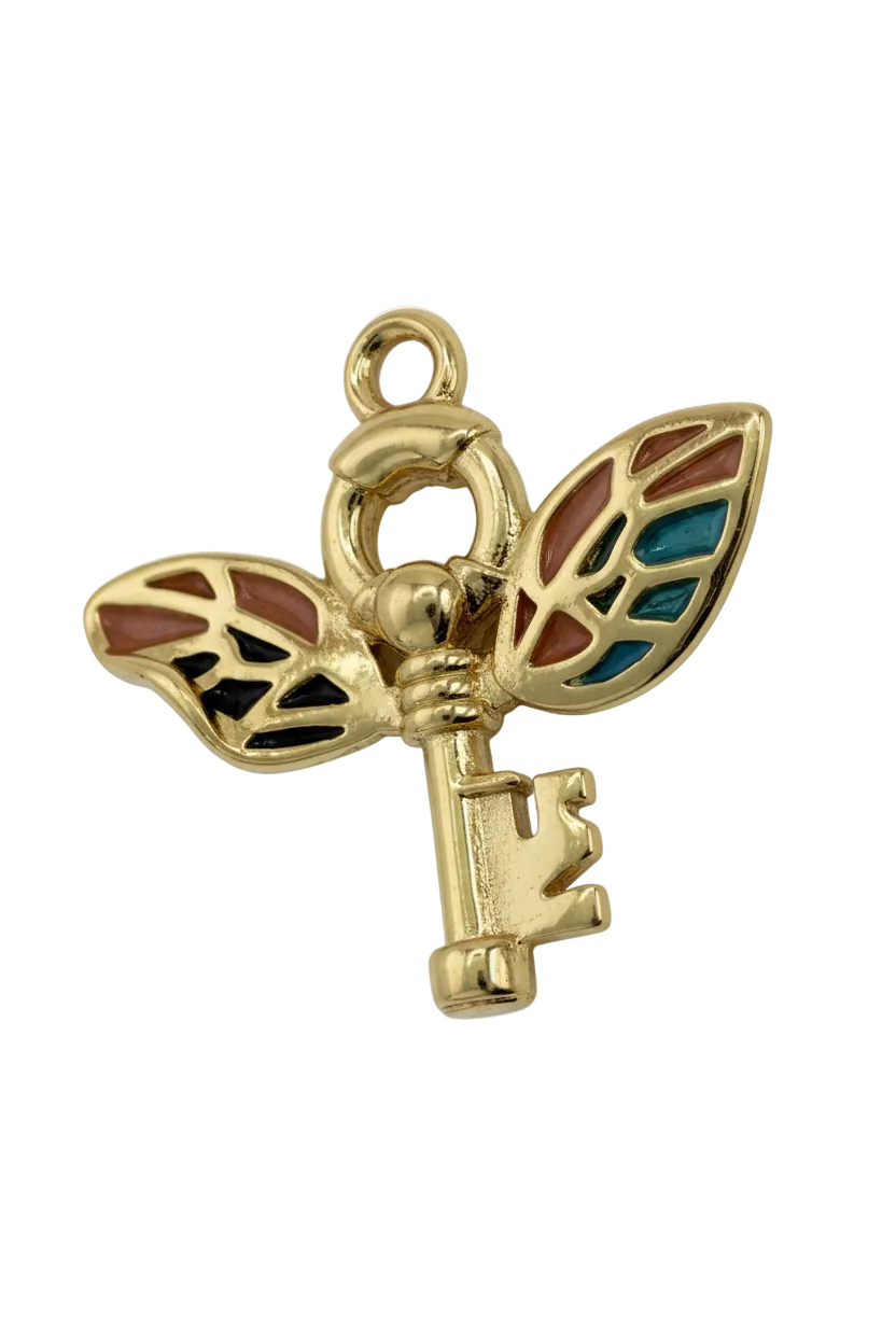 Gold key charm with butterfly wings in teal and rust enamel accents
