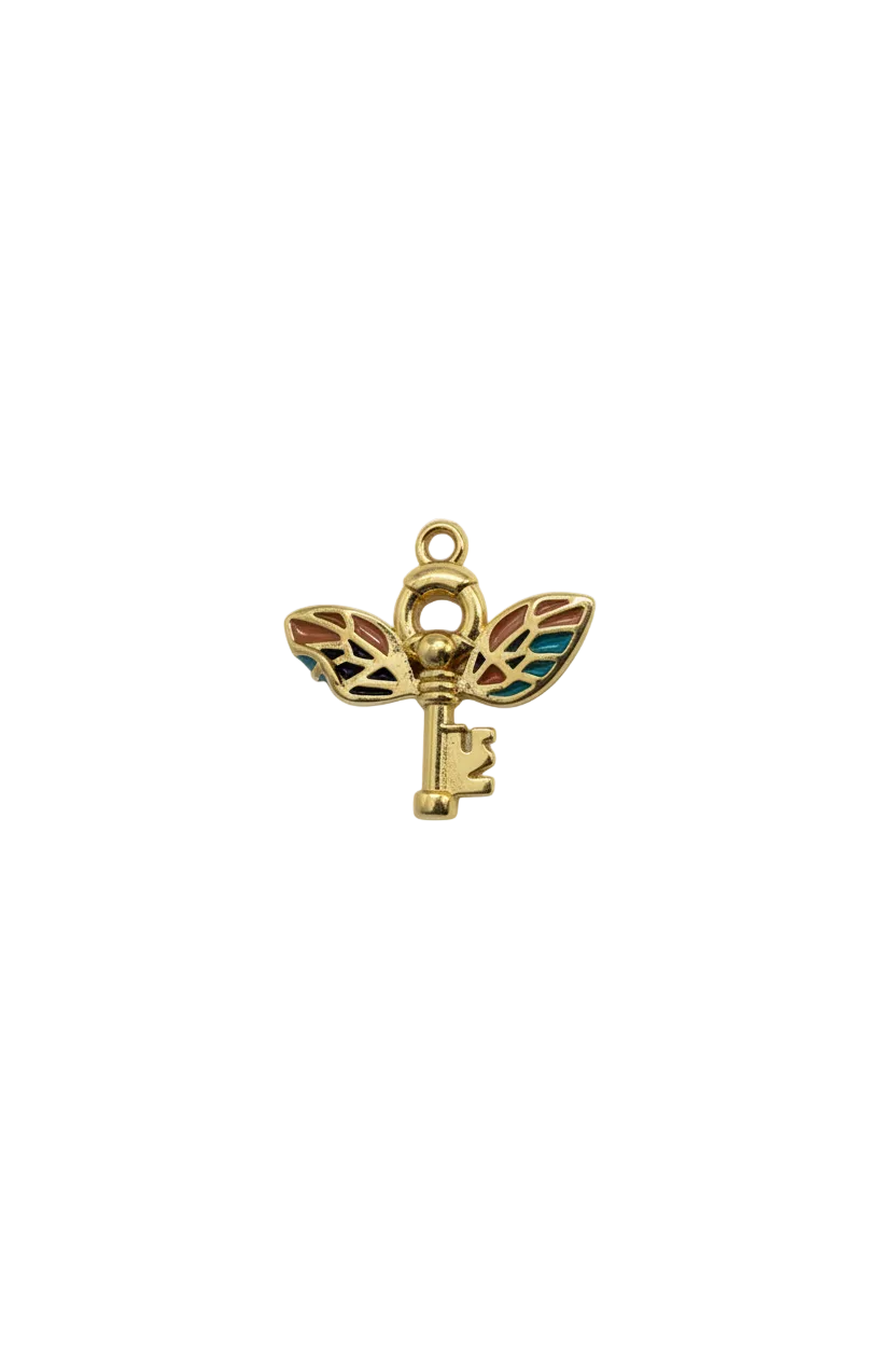 Gold key with butterfly wings in teal and rust enamel