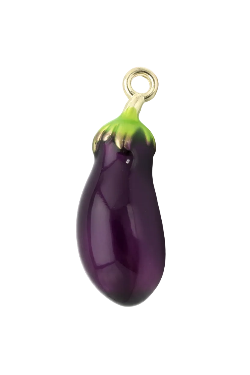 Glossy purple eggplant charm with green cap and gold-tone details on black background