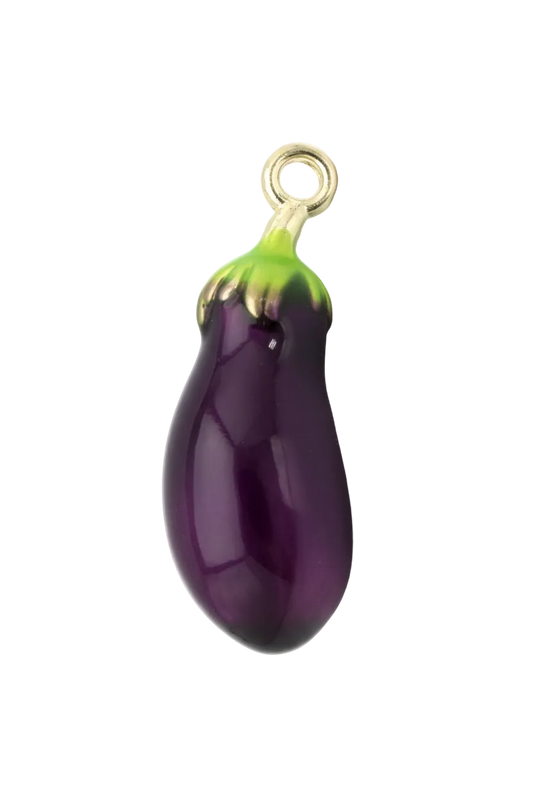 Glossy purple eggplant charm with green cap and gold-tone details on black background