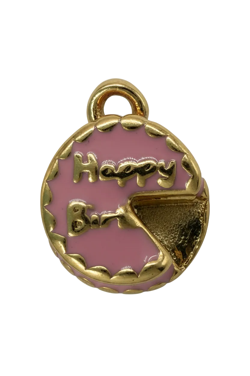 Round gold medallion with glossy pink enamel, raised PF letters, and scalloped edge