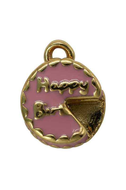 Round gold medallion with glossy pink enamel, raised PF letters, and scalloped edge