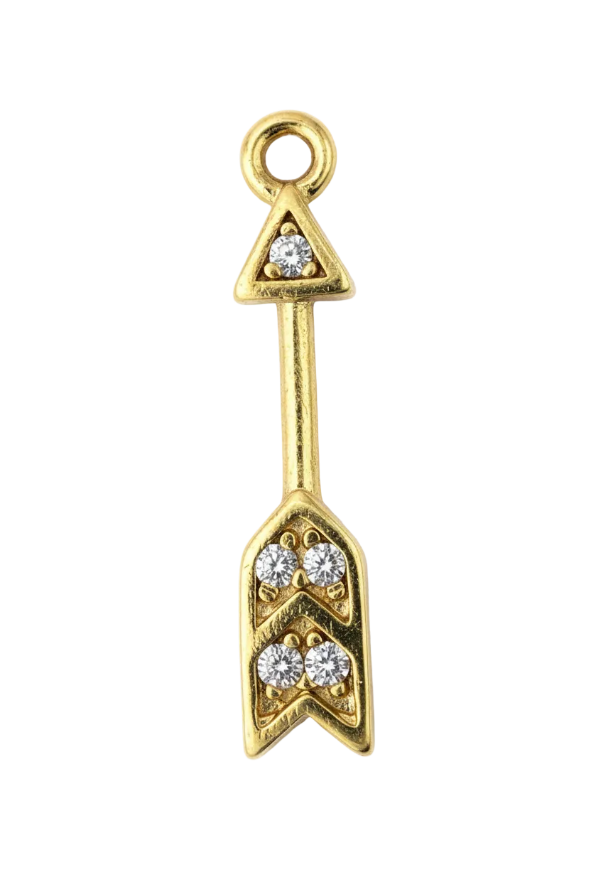 Gold arrow charm with clear crystal accents on a black background