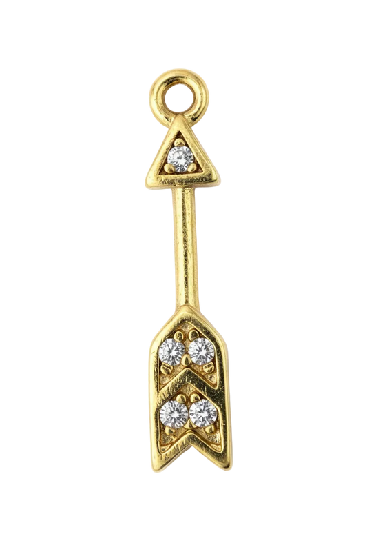 Gold arrow charm with clear crystal accents on a black background