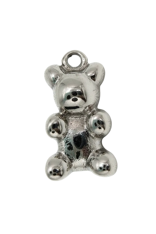 High-shine silver teddy bear with rounded paws and subtle black dot details