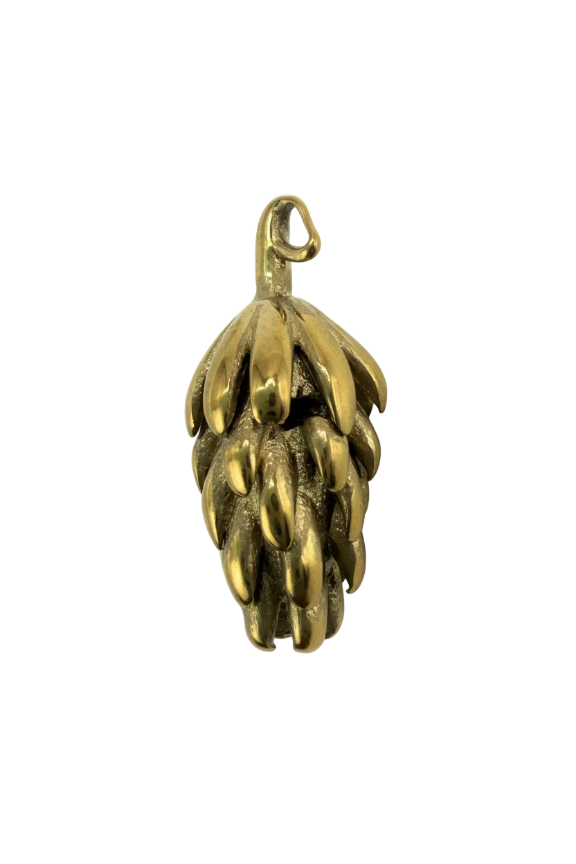 Gold pinecone pendant with raised textured scales and glossy finish on black background