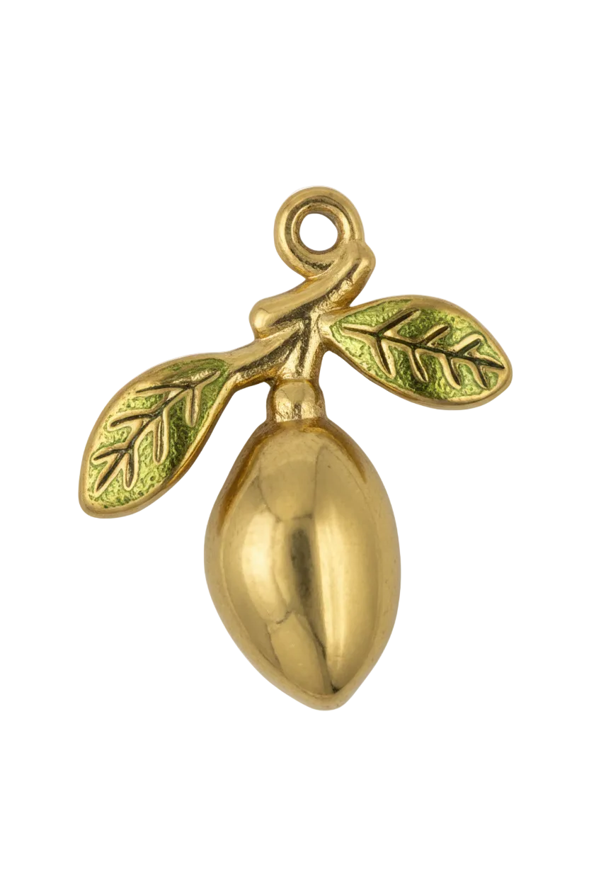 Polished gold olive sprig with rounded olive fruit and two engraved leaves