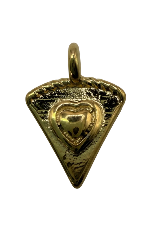 Gold triangle charm with raised heart detail and textured finish on black background