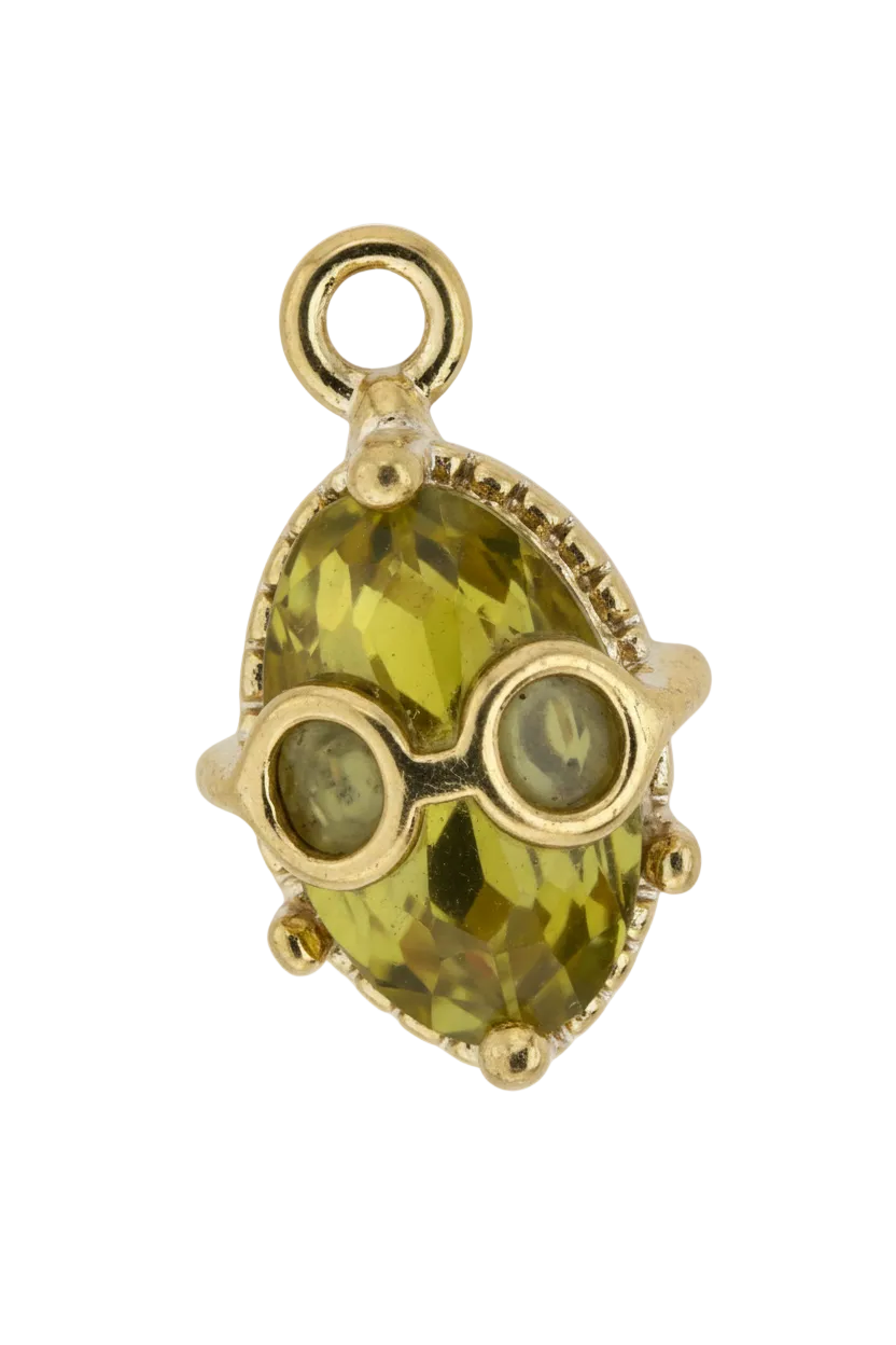 Gold beetle charm with faceted yellow gem body and tiny sunglasses detail