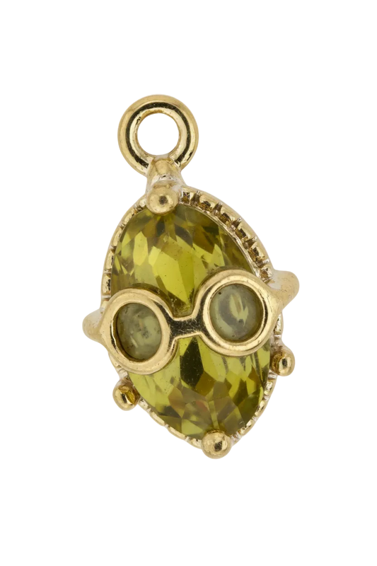 Gold beetle charm with faceted yellow gem body and tiny sunglasses detail
