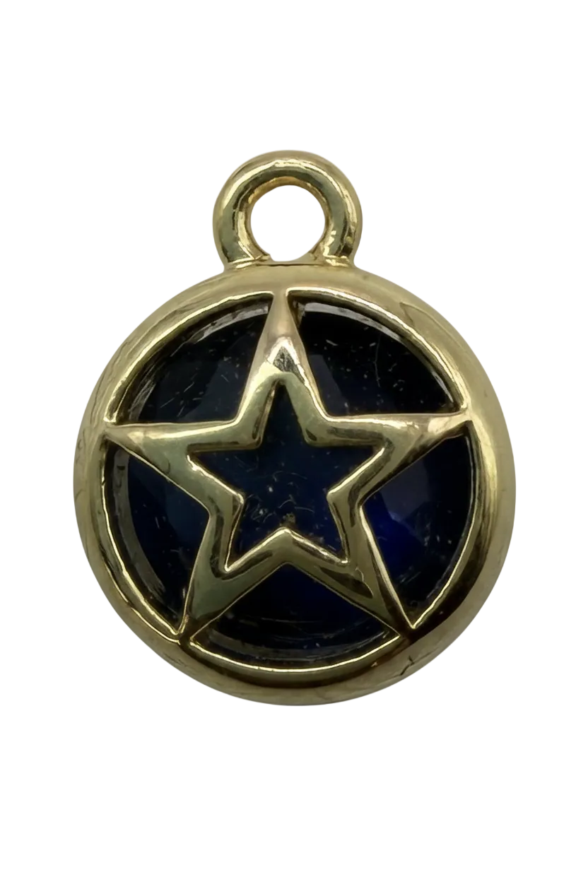 Round gold medallion with raised star over glossy navy enamel