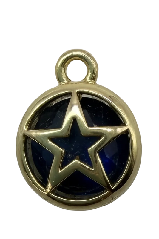 Round gold star medallion with glossy midnight-blue inlay