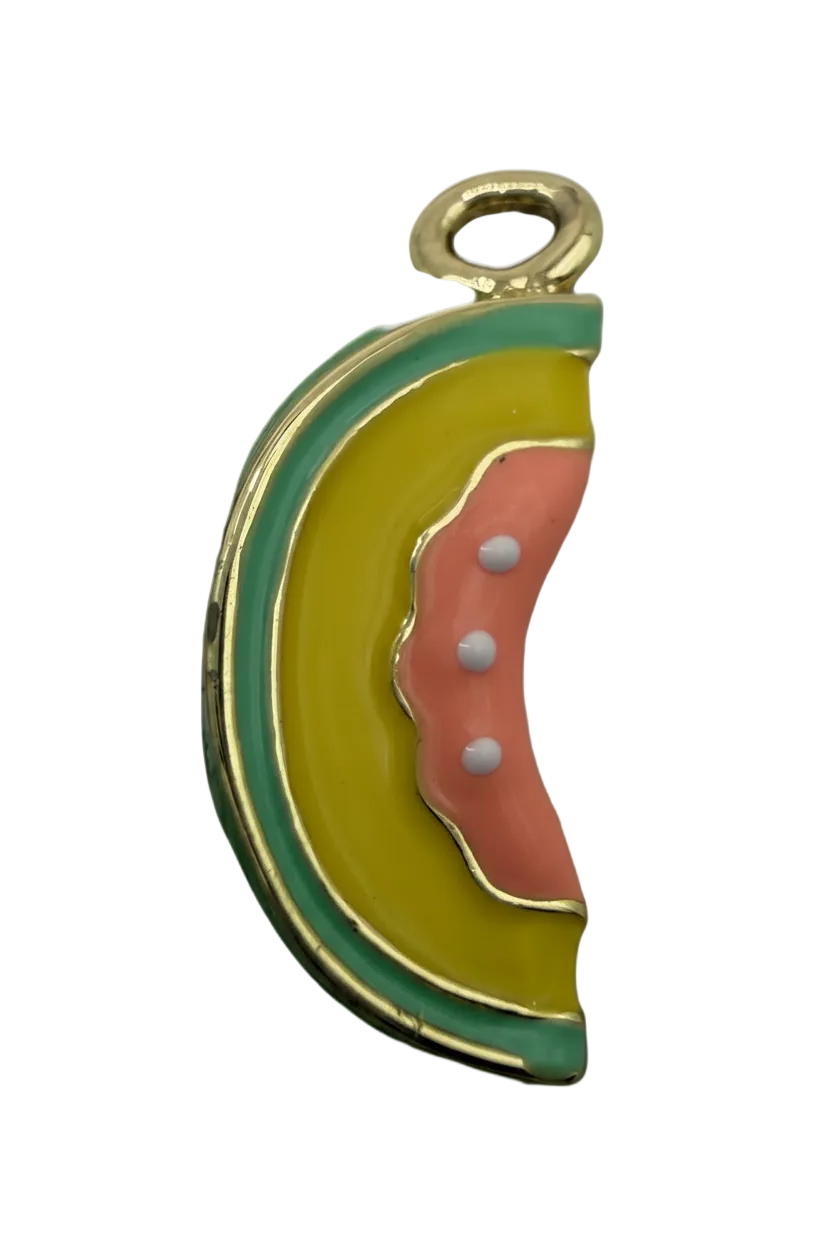 Gold rainbow arc charm with green, yellow, and pink enamel and a small clear gem accent