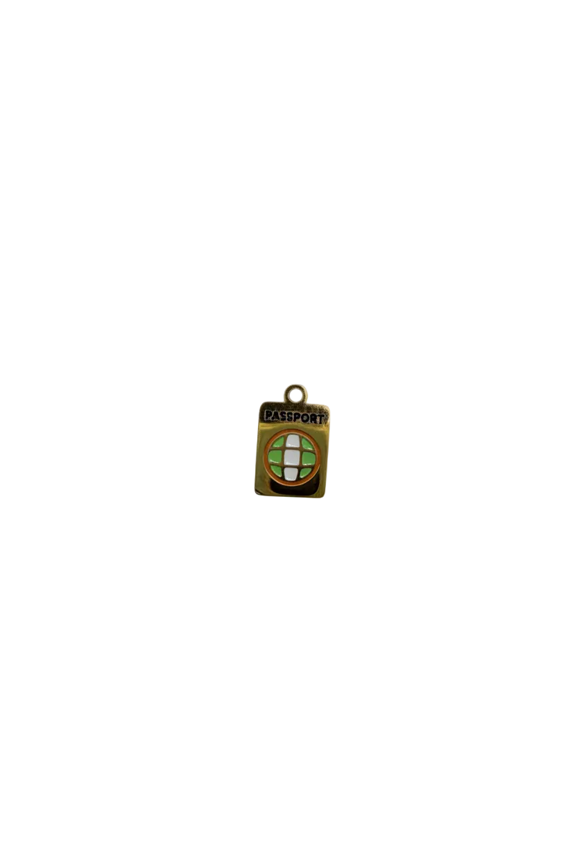 Gold tag with green and white enamel mosaic and black lettering