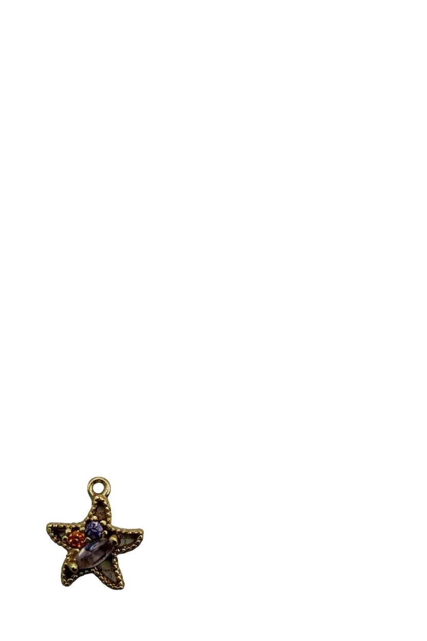 Gold starfish charm with beaded edge and faceted lavender, purple, and orange gems