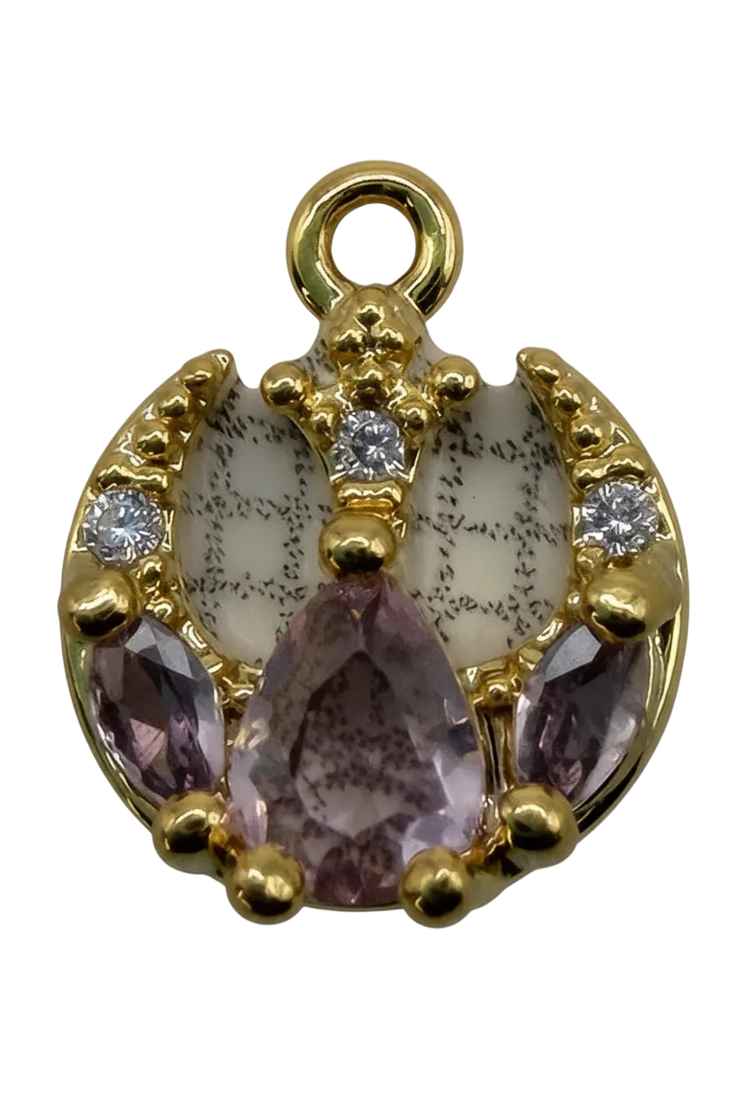 Gold letter C initial charm with ivory enamel, smoky marquise stones, and clear crystal accents