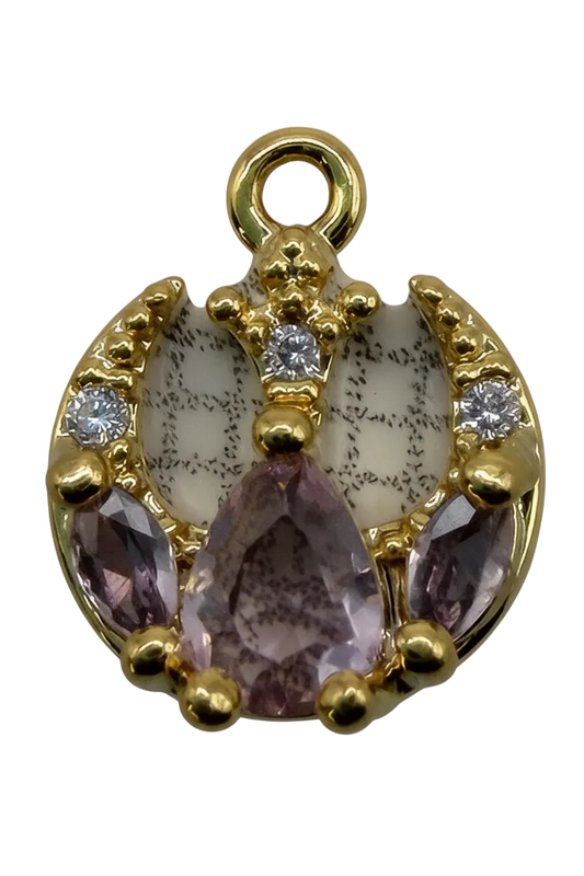 Gold letter C initial charm with ivory enamel, smoky marquise stones, and clear crystal accents