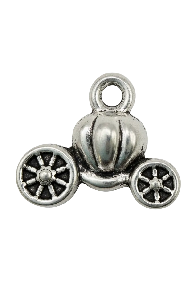 Polished silver baby carriage charm with two spoked wheels and dark oxidized details