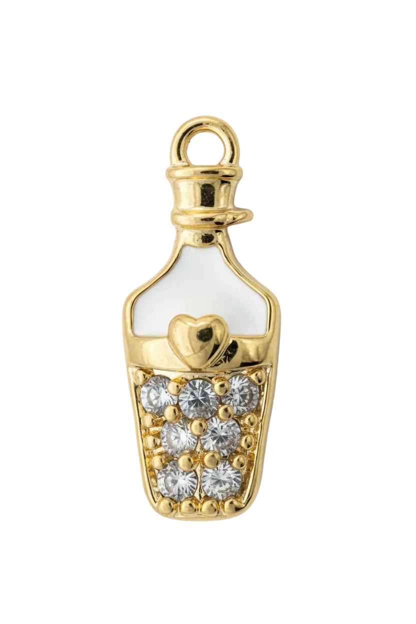 Gold baby bottle charm with clear pav  gems, white enamel, and a small heart detail