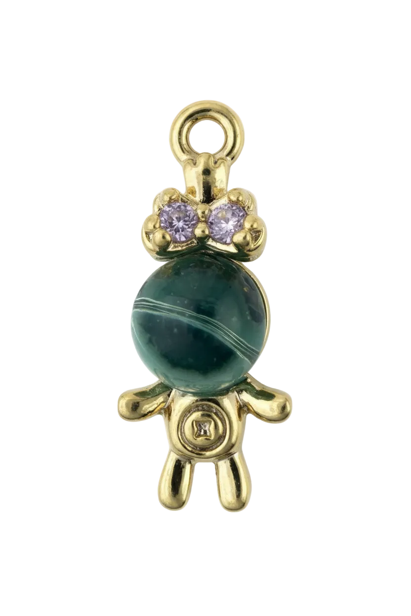 Gold turtle charm with translucent teal cabochon shell and two lavender gems