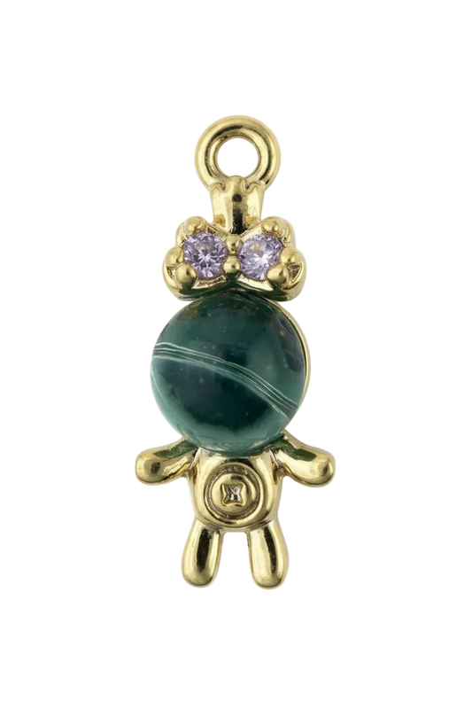 Gold turtle charm with translucent teal cabochon shell and two lavender gems