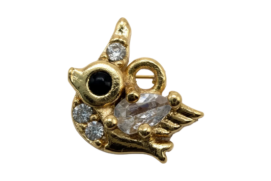 Gold owl charm with clear crystal eyes and faceted clear stone wing