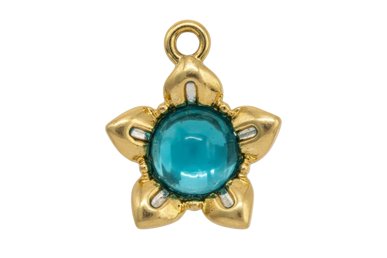 Polished gold sea turtle with domed teal cabochon gem shell