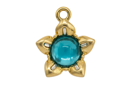 Polished gold sea turtle with domed teal cabochon gem shell
