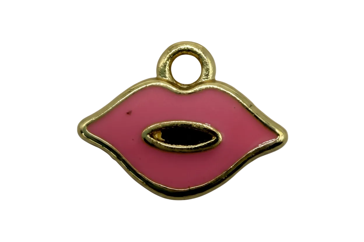Pink enamel lips icon outlined in gold with black center detail
