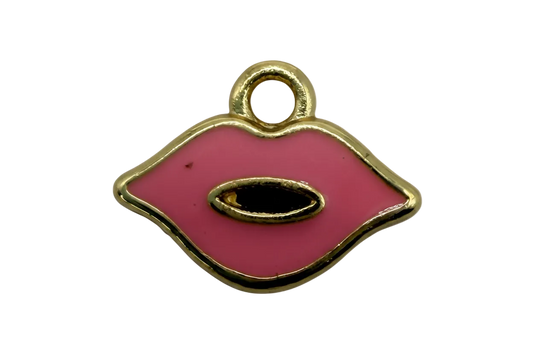 Pink enamel lips icon outlined in gold with black center detail
