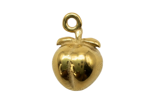 High-polish gold peach fruit charm with sculpted leaf and glossy finish