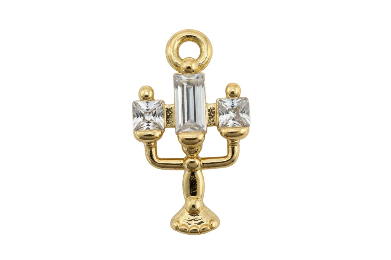 Gold candelabra charm with clear faceted crystals and glossy finish