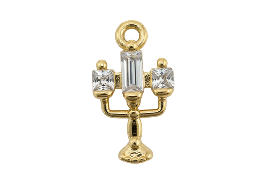 Gold candelabra charm with clear faceted crystals and glossy finish