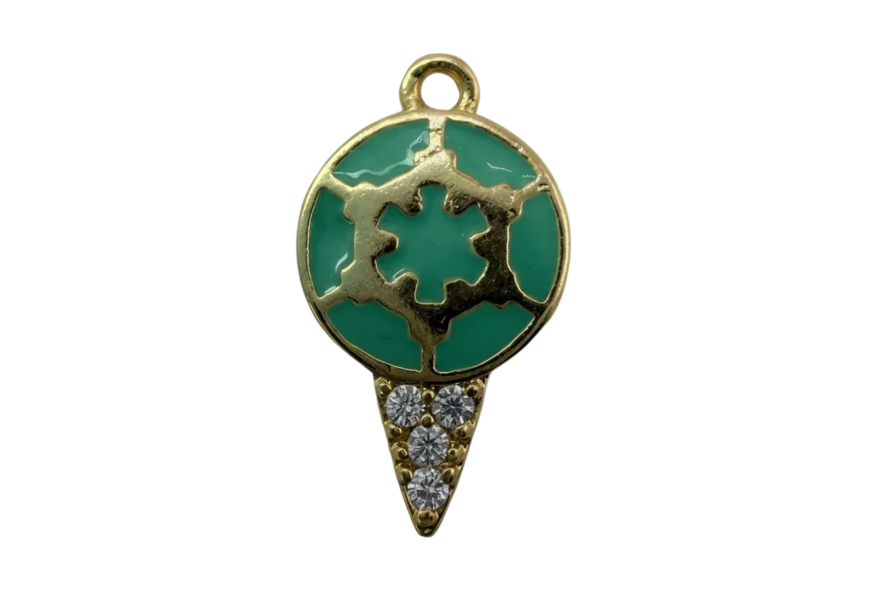 Green enamel globe ice cream cone in gold with clear crystal accents