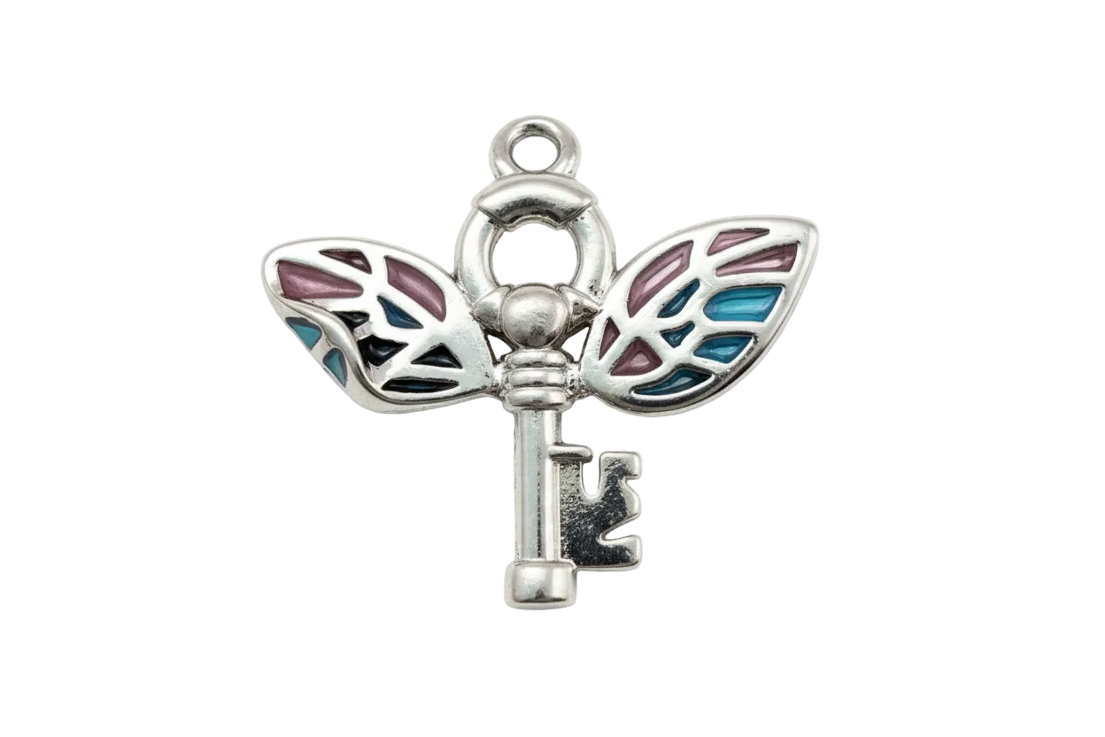 Polished silver key with stained-glass butterfly wings in teal, navy, and plum enamel