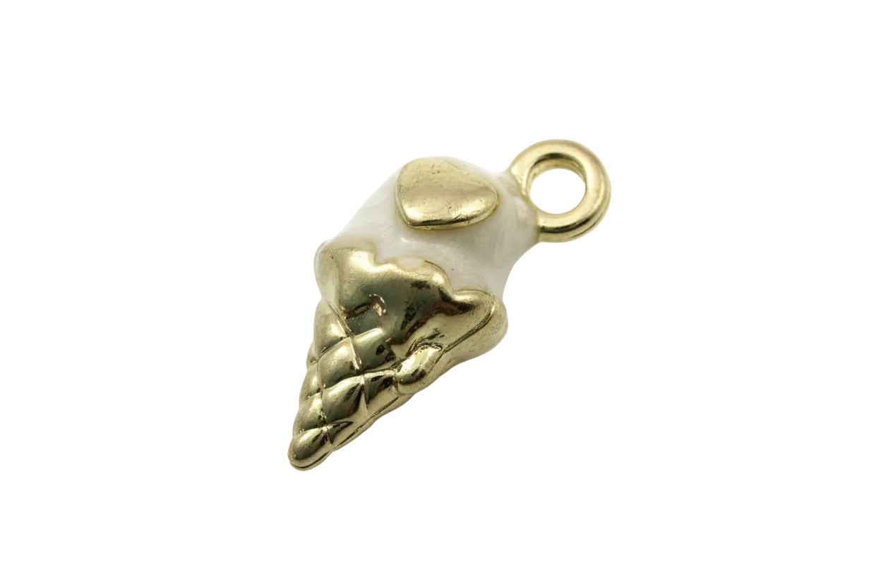 White soft-serve ice cream cone with gold heart accent and gold cone, glossy finish
