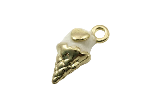 White soft-serve ice cream cone with gold heart accent and gold cone, glossy finish