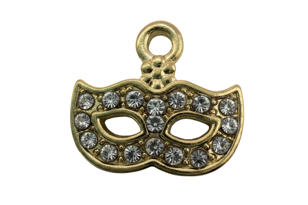 Gold masquerade mask charm with clear pavé crystals