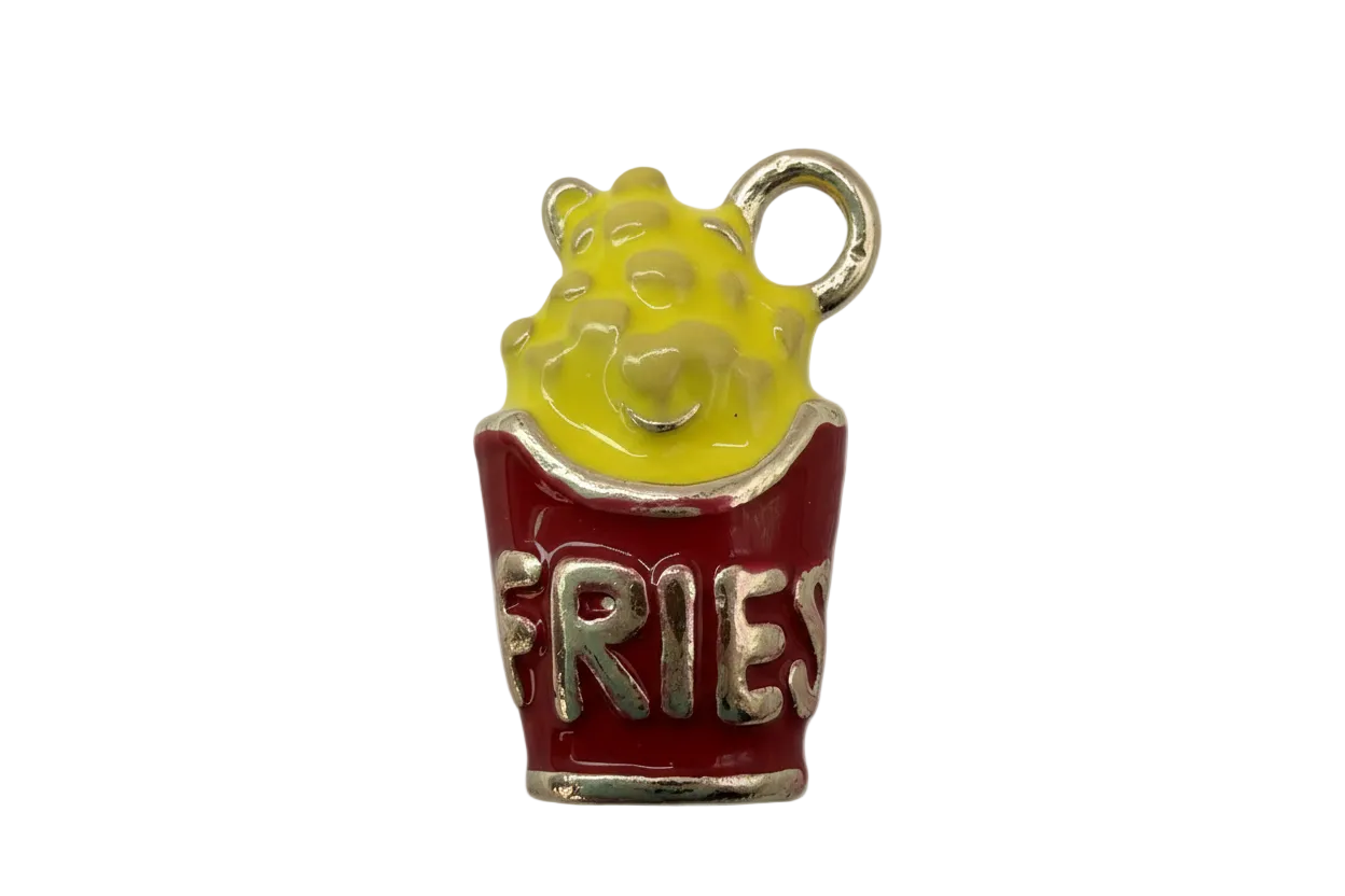 Glossy red french fry carton with yellow fries and raised silver lettering