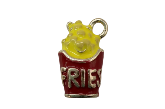 Glossy red french fry carton with yellow fries and raised silver lettering