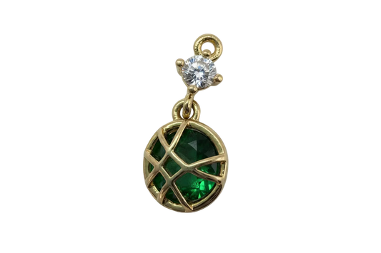 Gold lattice charm with faceted emerald green round gem and small clear gem accent