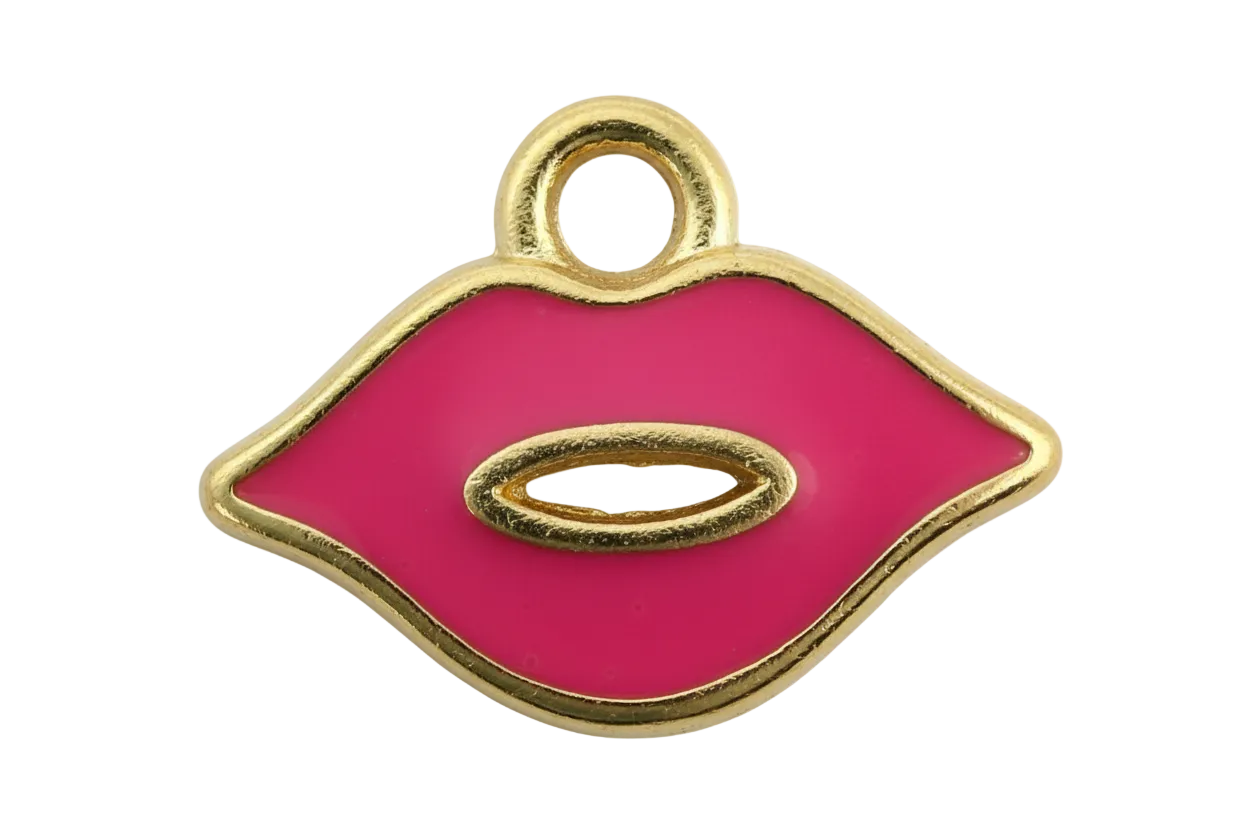 Hot pink enamel lips icon with polished gold outline