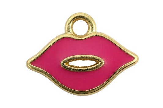 Hot pink enamel lips icon with polished gold outline