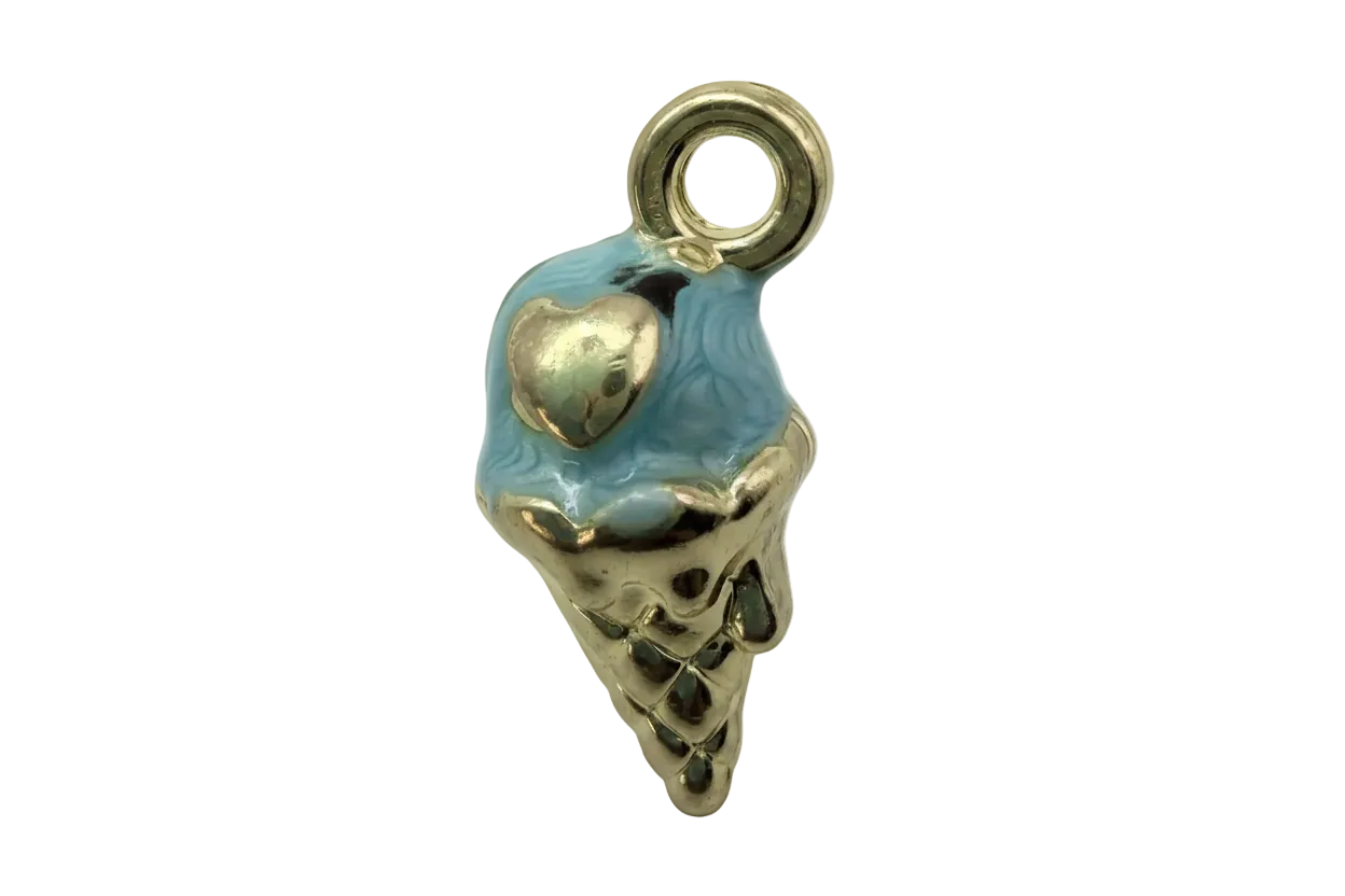 Gold ice cream cone with powder blue enamel scoop and small heart detail